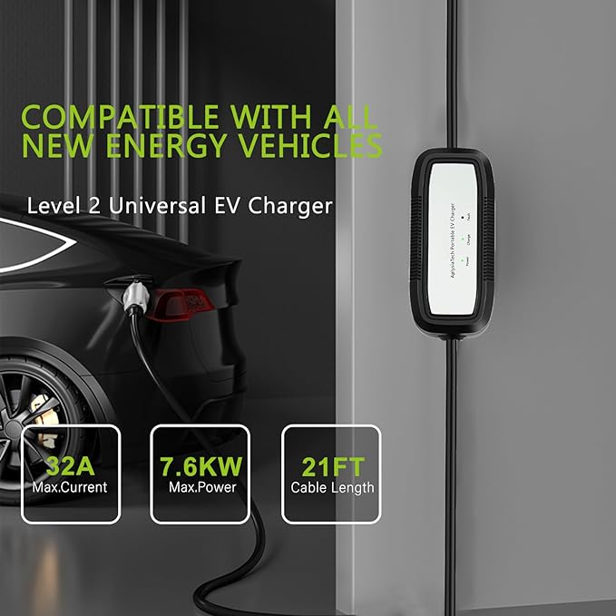 Level 2 EV Charger (Max 32 Amp/7.68KW) Portable EVSE for SAE J1772 Charger EVs, NEMA14-50P and 21Ft Cable,Plug-in Home EV Charging Station