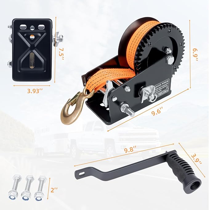 3500LBS Heavy Duty Boat Trailer Winch with 32FT Strap, 2-Way Ratchet, 4:1/8:1 Gear Trailer Winch, Portable Hand Crank for Boat, Truck, Trailer, RV, ATV, Jet Ski(3500lbs Orange Strap Winch)