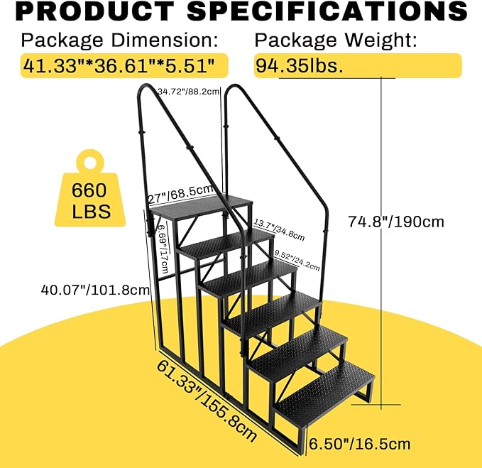 RV Steps with 2 Handrails, Hot Tub Steps Outdoor, 6 Step Ladder Stool, RV Stairs with Anti-Slip Panel, Camper Steps for Spa, Travel Trailers, Pool and Porch