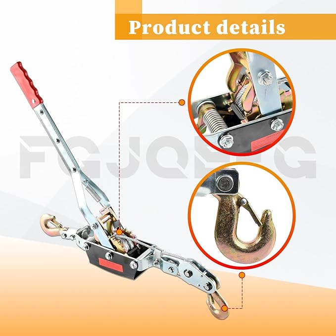 2 Ton Heavy Duty 3 Hook Steel Cable Dual Gear Power Puller Come Along Chain Winch Ratchet Tool with 3 ''Inch x 8' Foot Winch Strap, Tow Strap (30,000 BLS Capacity)