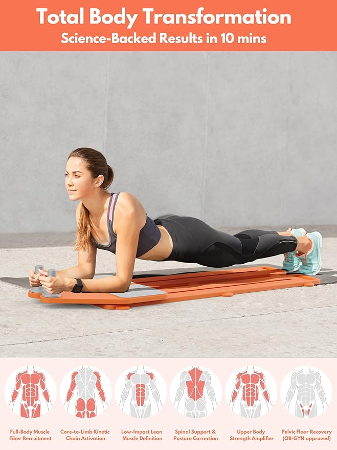 Pilates Board for Women Workout Slider 6 in 1 - Portable Pilates Reformer Set at Home - Mini Multifunctional Ab Exercise Board Equipment / Ski Machine 15lb Assist 265lbs Capacity