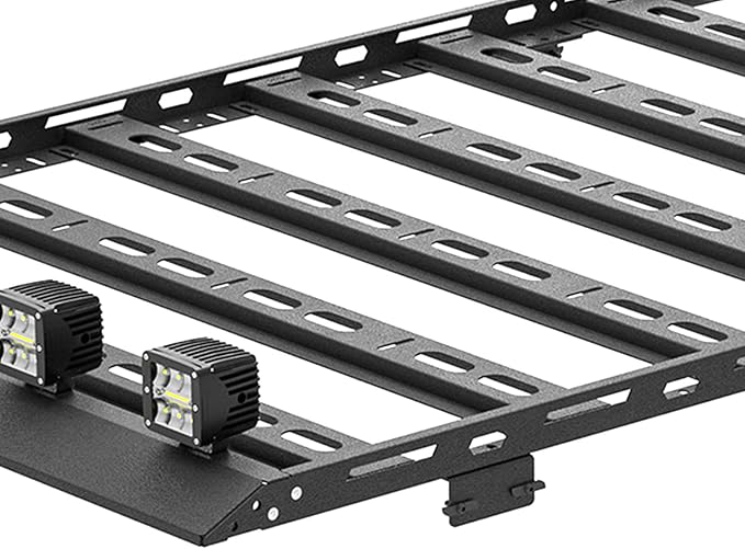 Roof Rack Cargo Basket with 4 LED Light Bars & Ladder Compatible with Toyota 4Runner / Land Cruiser & Prado 4 Doors Hardtop Cargo Carrier, Rooftop Luggage Storage Holder Cargo Racks