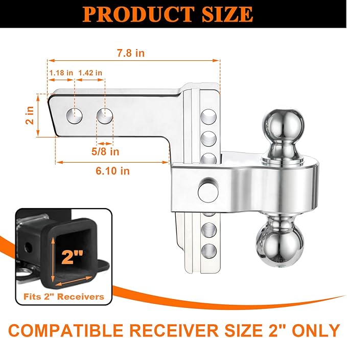 Adjustable Trailer Hitch, 6-Inch Drop/Rise Aluminum Shank – Fits 2" Receiver, 12,500 LBS GTW, Heavy Duty Drop Hitch with 3 Anti-Rattle Pads & 2 Locking Hitch Pin for Trucks