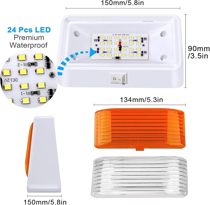 BlueFire Super Bright LED RV Porch Light RV Exterior Lights Porch Utility Light 12V Replacment Light with ON/OFF Switch, Clear and Amber Removable Lens for RV, Trailer, Camper (2 Pack)