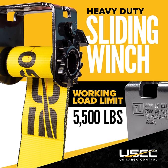 US Cargo Control Standard Sliding Winch for Double L Tracks, 4 Inch Winch Holds Up to 20 Feet of Webbing, Slides to Any Position for Winch Control, 5,500 LBS Working Load Limit