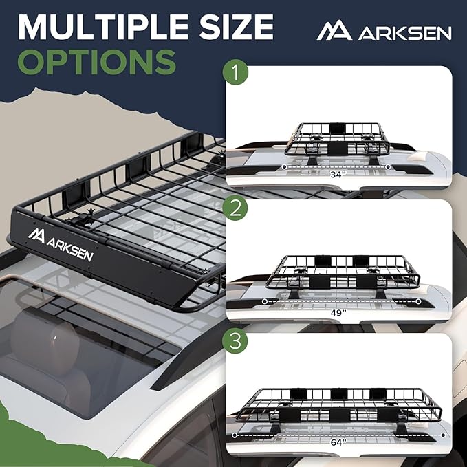 ARKSEN 64 x 39 x 5 Inch Universal Roof Rack with Waterproof Bag, Cargo Net & 2 Ratchet Straps - Upgrade 150Lbs Capacity Heavy Duty Rooftop Cargo Carrier with Extension for Car, SUV & Pickup