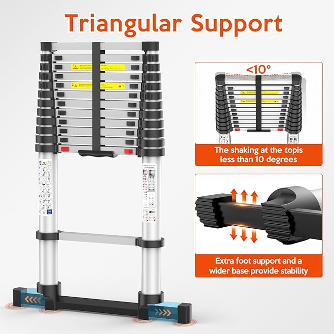 12.5FT Telescoping Ladder, Collapsible Ladder with Bottom Stabilizers, Slow Descent, One-Click Retraction to Protect Finger，Suitable for RV or Outdoor Work