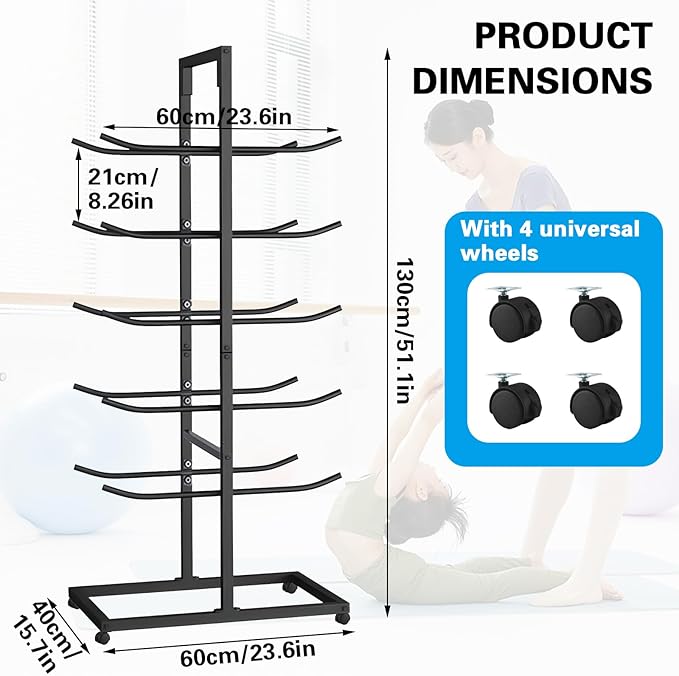 Yoga Mat Holder, Yoga Mat Storage Rack Floor-Standing, Home Gym Double Sided Foam Roller Holder Rack, Large Capacity Yoga Blocks Organizer Shelf on Wheels, 5 Tier Metal Rolling Cart (black, 5th floor)