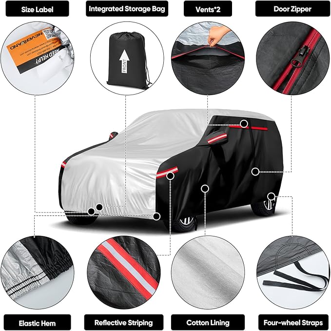 Neverland Car Cover - Car Cover Waterproof All Weather Snowproof UV Protection Windproof Full Car Covers with Side Door Zipper,Reflective Strips,Storage Bag Full Exterior Covers