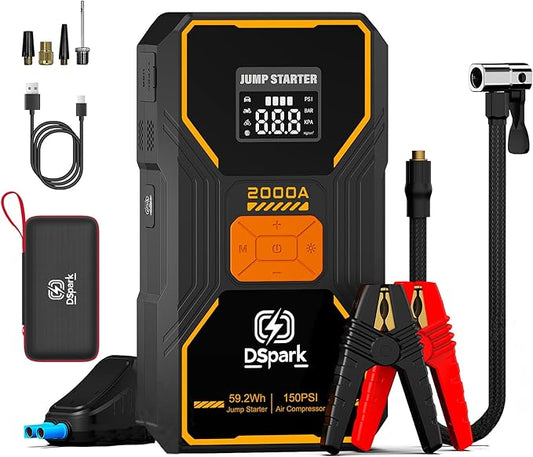 B31 2000A Jump Starter with 150PSI Air Compressor,Jump Starter Battery Pack for Up to 7.0L Gas and 6.5L Diesel Engines,12V Portable Jump with Quick Charge LED Flashlight Compact Storage Case