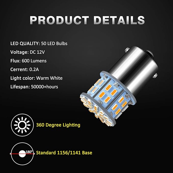 1156 1141 1003 7506 BA15S LED Bulbs Super Bright 3014 50-SMD LED Replacement for 12 Volt RV Camper Trailer Boat Trunk Interior Lights (Warm White, 20)