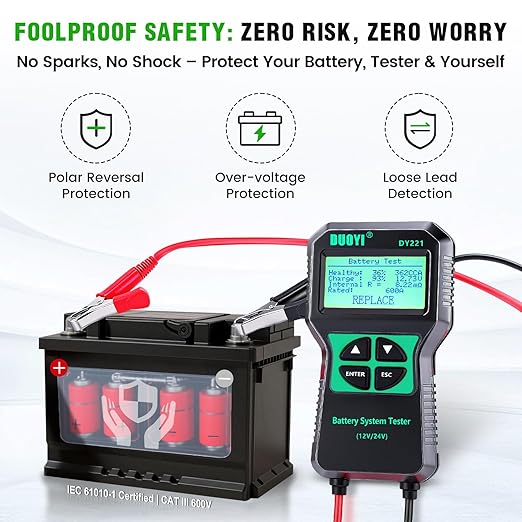 DUOYI DY221 Car Battery Tester, 12V 24V Digital Automotive Alternator Meter Diagnostic Tool,100-2000 CCA Load Capacity, Charging & Cranking Analyzer for Cars, Trucks, Motorcycles, Vans, RVs, Boats...