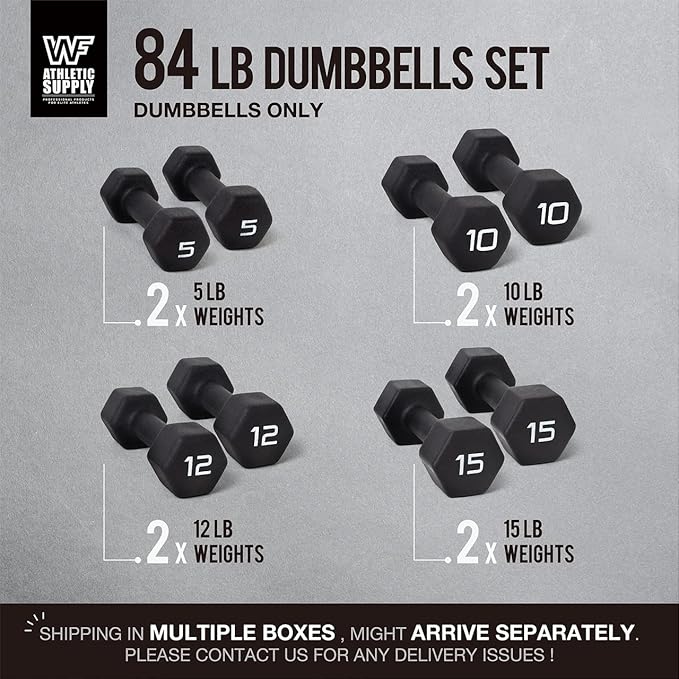 WF Athletic Supply Black Neoprene Dumbbell Set, Non-Slip & Hex Shape, Great for Muscle Toning, Strength Building & Weight Loss; Sizes, Dumbbells Only & w/Rack Options Available