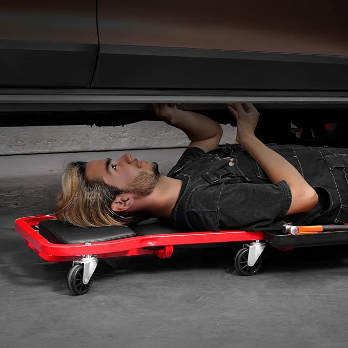 VEVOR Mechanic Garage Creeper, 44-Inch, 300 lbs Capacity Automotive Rolling Creeper with 6 Casters Adjustable Cushioned Headrest Tool Tray, Heavy Duty Steel Frame for Garages, Repair Shops, and DIY