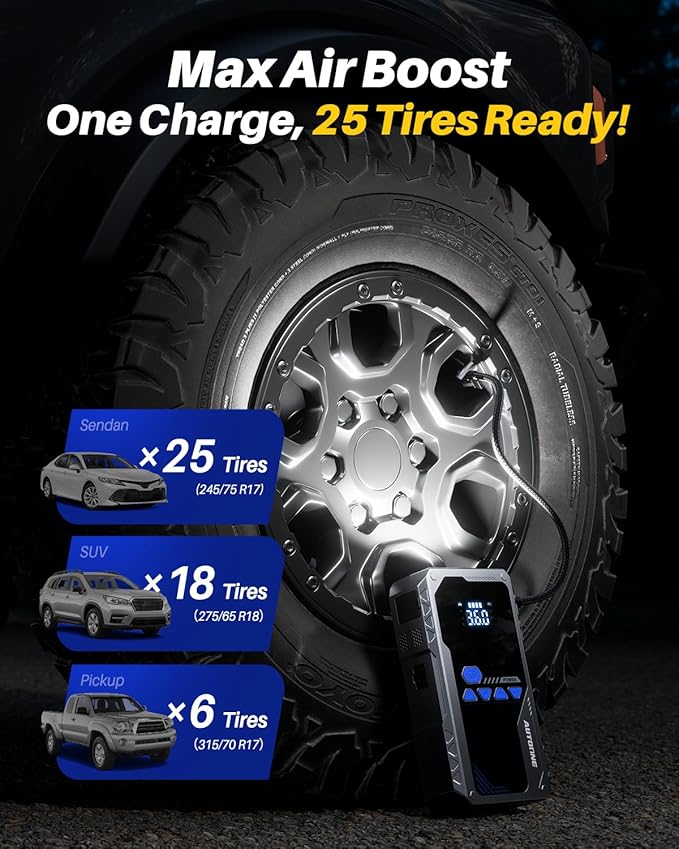 AUTOONE 8000A Jump Starter with Air Compressor (All Gas/12L Diesel), 150PSI Car Jumper Starter Portable, Jump Box Tire Inflator with LED Flashlight, LCD Display, Storage Case