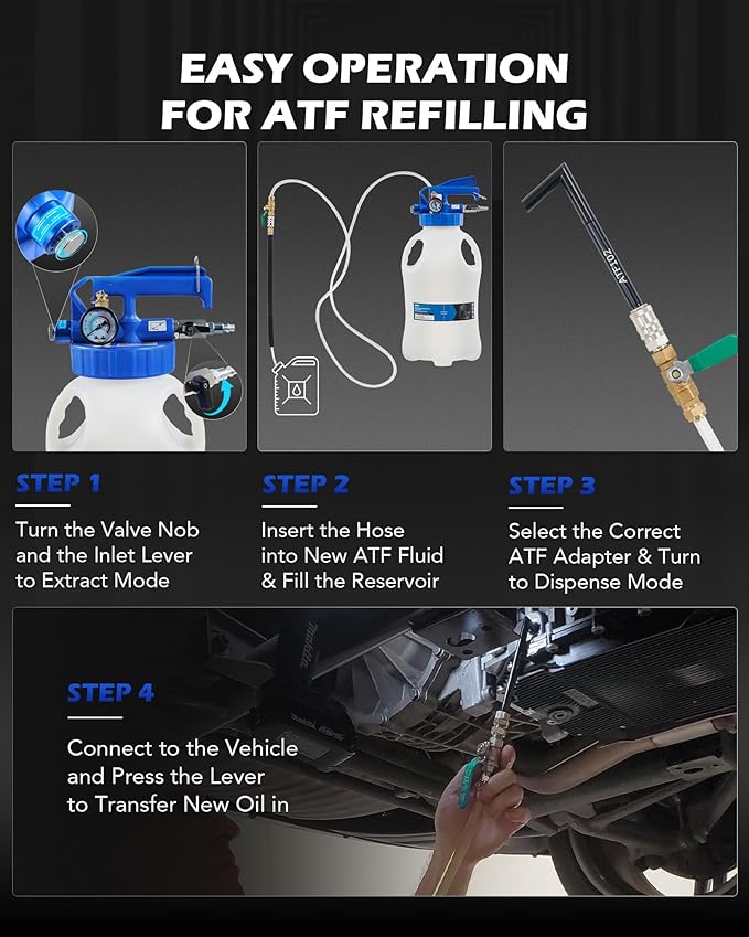 Orion Motor Tech Oil Extractor Pump and Dispenser Tool Kit, 10L Pneumatic Transmission Fluid Bleeder Set, 2.6gal 2 Way Vacuum Fluid Evacuator and Filler Oil Change Kit 15 ATF Refill Adapters 3 Hoses