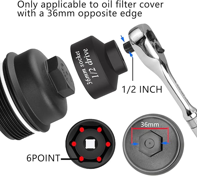 1/2 drive 36mm oil filter socket Wrench tool CR-MO 6 Point, for Fuel Filter/oil Filter cap and Impact Removal Axle Nut socket