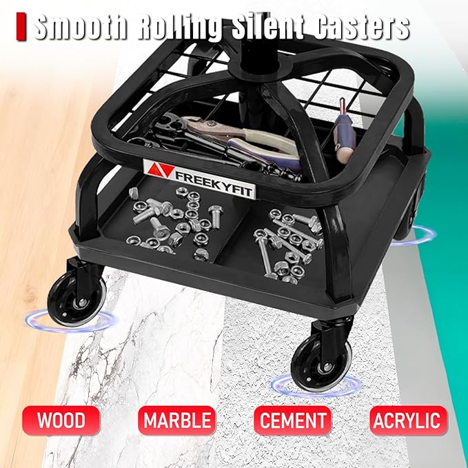 Rolling Shop Stool with Wheels, Garage Work Mechanic Stool with Backrest, Roller Mechanic Chair, Adjustable Height, 360° Swivel, Tool Tray Storage, 330 LBS Capacity, Heavy Duty, Black