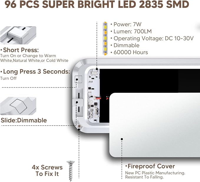 BlueFire 700LM Dimmable Sliding Brightness RV Ceiling Dome Lights, 7W DC10-30V Super Bright RV Interior LED Lights for RVs, Campers, Motorhomes, Trailers (3 Color Tem- 4PCS)