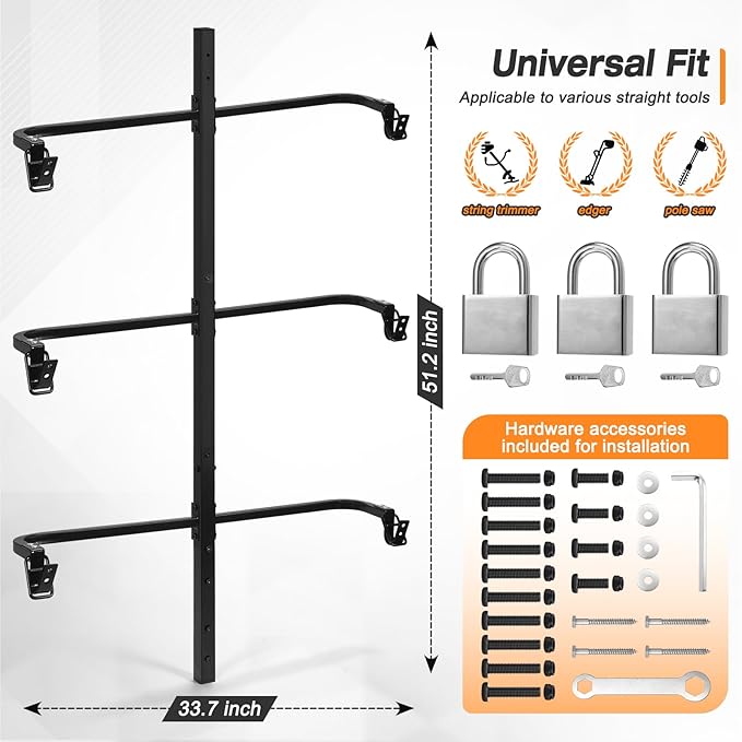 3 Place Weed Eater Rack, Mount On Landscape Truck Trailer Enclosed Trimmer Rack Holder, Open and Enclosed Trailers Tool with Locks, Wall Mounted Lawn Equipment Accessories, Carbon Black