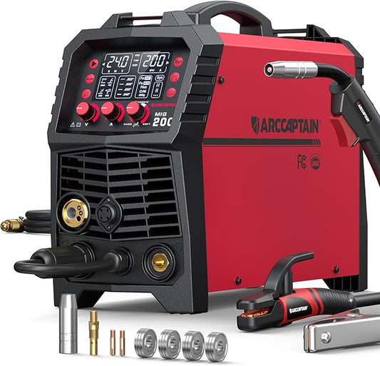 ARCCAPTAIN MIG Welder, 200Amp 6 in 1 Gas MIG/Gasless Flux Core MIG/Stick/Lift TIG/Spot welding/Spool Gun 110V/220V Aluminum Multi Process Welding Machine with LED Digital Display, Burn Back Adjustment