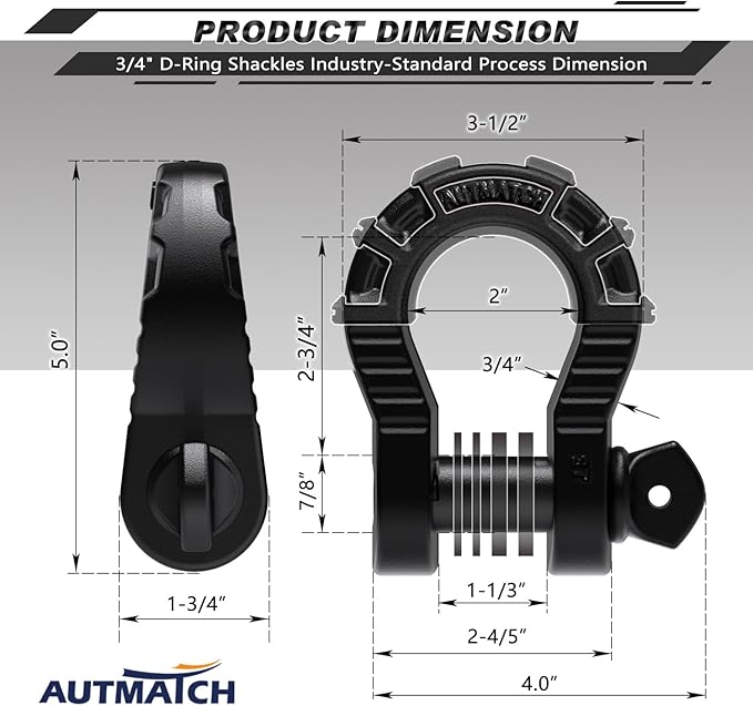 AUTMATCH D Ring Shackles 3/4" Mega Shackle (2 Pack) 68,000Ibs Break Strength - Heavy Duty Clevis Shackles 7/8" Screw Pin & Isolator Washer for Tow Strap Winch Off Road Vehicle Recovery, Frosted Black