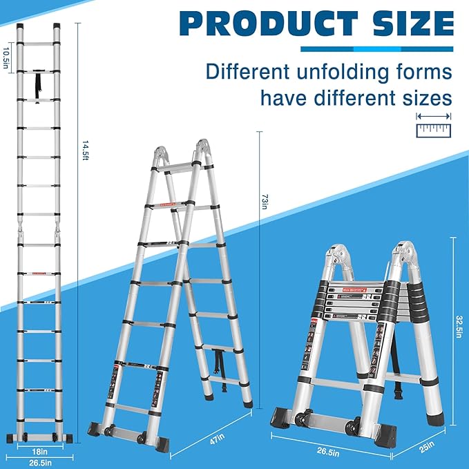 14.5FT A Frame Telescoping Ladder, Extension Multi-Purpose w/Balance Bar & Wheels, Ladder A Frame, Heavy Duty 330 lbs Max Capacity, Ideal for Home and Outdoor Work, Silver