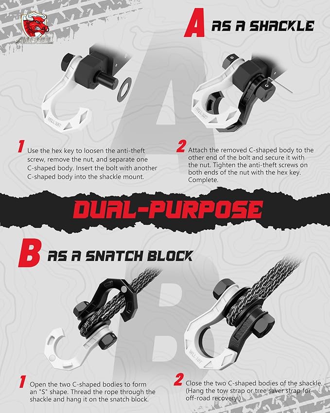 D Ring Separate Shackle with Snatch Block 2 Set, 3/4" Shackles w/Snatch Block Pulley, Heavy Duty Shackle for Towing Winch, Pulley for Off-Road Vehicle Recovery, Truck, ATV, UTV, Blackwhite