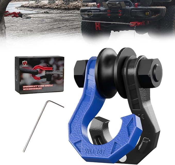 D Ring Separate Shackle with Snatch Block, 3/4" Easy Open Shackles w/Snatch Block Pulley, Heavy Duty Shackle for Towing Winch, Pulley for Off-Road Vehicle Recovery, Truck, ATV, UTV, BlackBlue