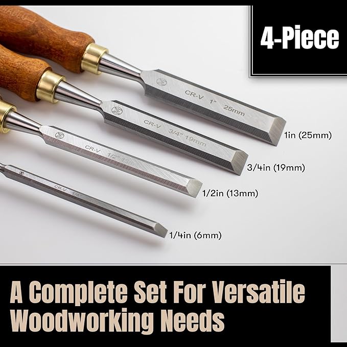 Mt Diablo Woodworking Tools 4 Piece Chisel Set - Premium CV60 Steel Wood Chisel Sets with Ergonomic Handles, Includes 1/4" 1/2" 3/4" 1" Widths - Ideal for Woodworkers - Durable Waxed Canvas Tool Roll