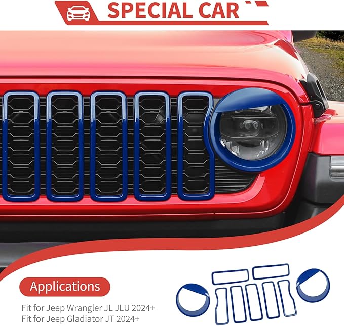 Front Grill Inserts Front Headlight Cover Kit fit for Jeep Wrangler JL JLU Gladiator JT 2024+ Exterior Accessories,Blue