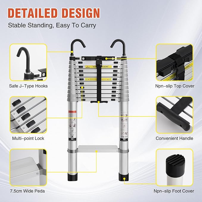 15 FT Aluminum Telescoping Ladder with Hooks, Extension Ladder with Reinforced Alloy Joints, 400 lbs Load Capacity with Non-Slip Feet, Compact Portable for Home, RV, Attic and Roof Use