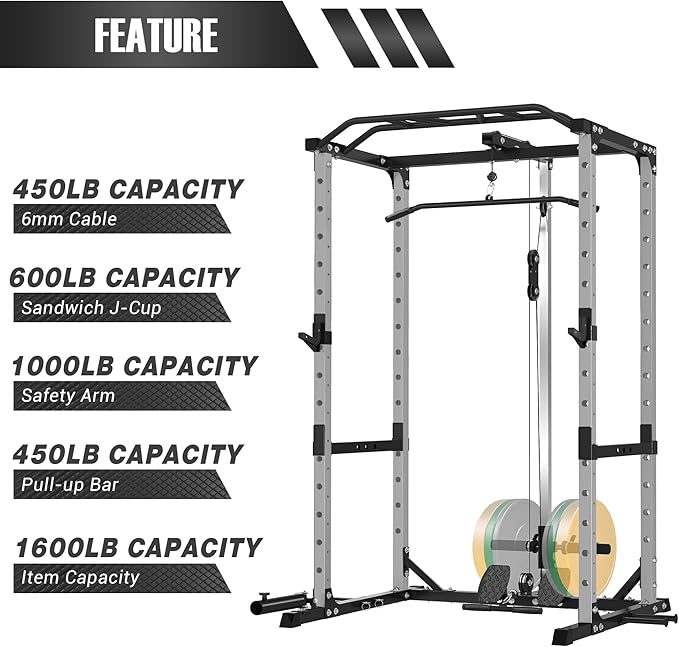 Power Rack Home Gym Package, 1600LBS Capacity Power Cage with 1.2" Diameter Multi-Grip Pull-Up Bar, LAT Pulldown System and Landmine Attachment, Gray P30