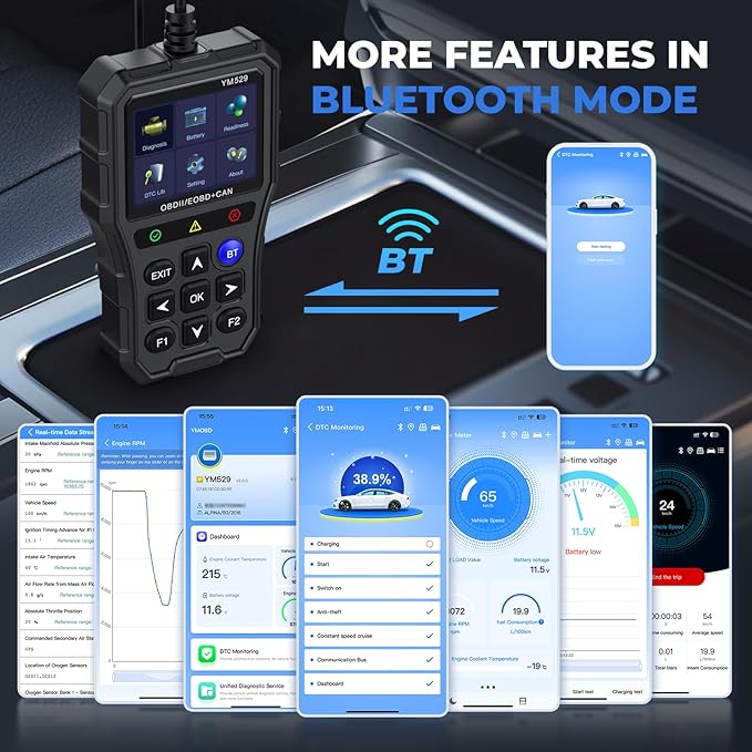 Bluetooth OBD2 Scanner with Battery Tester & Monitoring & Life Test - Support Checking Car Diagnostic Information on iPhone & Android, 2.8 inch HD Large Color Screen, TPU case Protection, Black