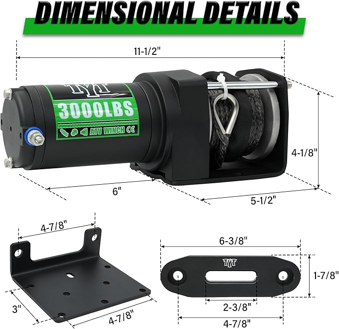 TYT 3000 lb ATV Winch, 12V DC Electric Winch with Wireless Remote and Wired Switch, 1/5"x 32FT Synthetic Winch Rope with Fairlead and Winch Mounting Plate