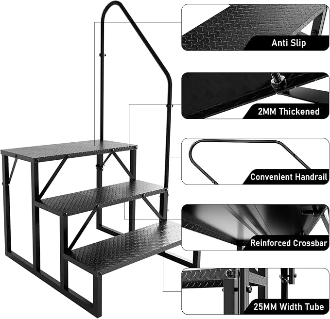 RV Steps with Handrail, 3 Step RV Stairs 660 lbs Load Capacity, Step Ladder with Anti-Slip Panel, Mobile Home Stairs for Travel Trailers