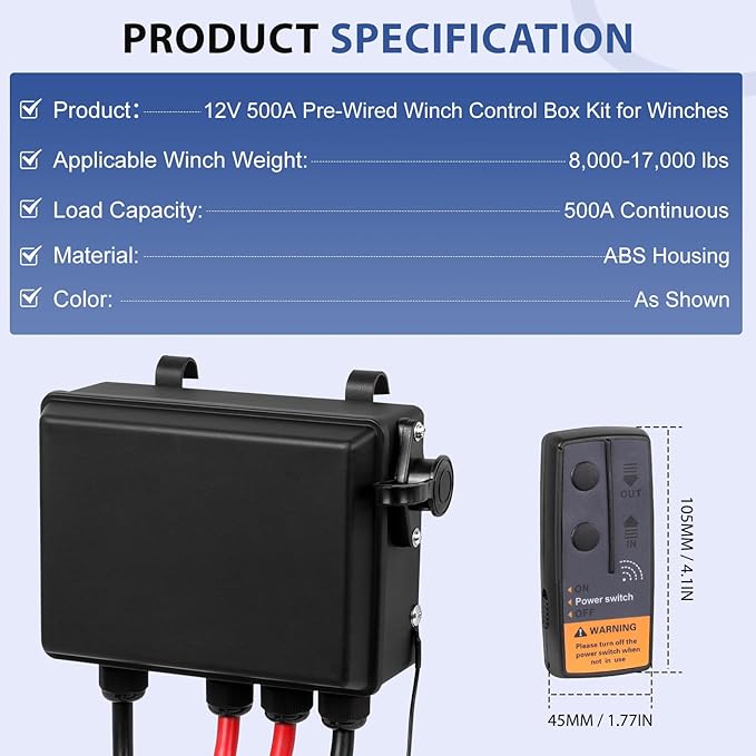 12V 500A Pre-Wired Winch Control Box Kit for Winches, 8000lbs-17000lbs, Wire-Less & Remote Control, Handheld Controller, Jumper Cables, ATV/UTV/SUV Trailer Winch Upgrade