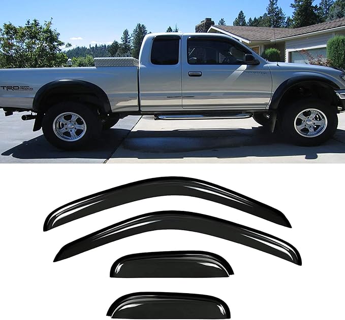 Side Window Wind Vent Deflector, 4pcs Out-Channel Tape-On Nice Rain Guards Set, Window Visor fit for 1995-2004 Toyota Tacoma Access/Extended Cab 94948