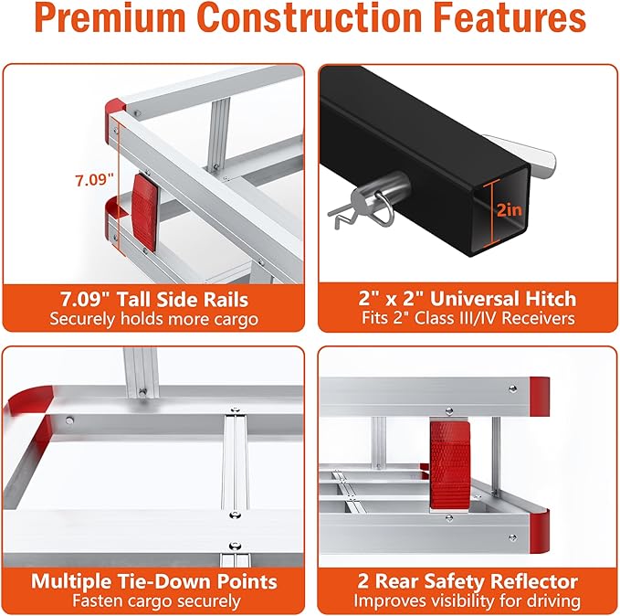 Aluminum Hitch Cargo Carrier, 49.21" x 22.36" x 7.09" Trailer Hitch Cargo Carrier Hitchs Mount Cargos Hitchs Carriers Basket, 500lbs Capacity, Fit 2" Receiver for Suvs Trucks Vans Pickups Camping