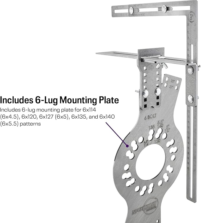 Speedway Motors WheelWise™ 6-Lug Wheel Fitment Tool with Tire Size Attachment, Simulates 14-22 Inch Rim Diameter, 8-14 Inch Tire Width, 2.5-11.5 Inch Sidewall, Laser Cut Steel