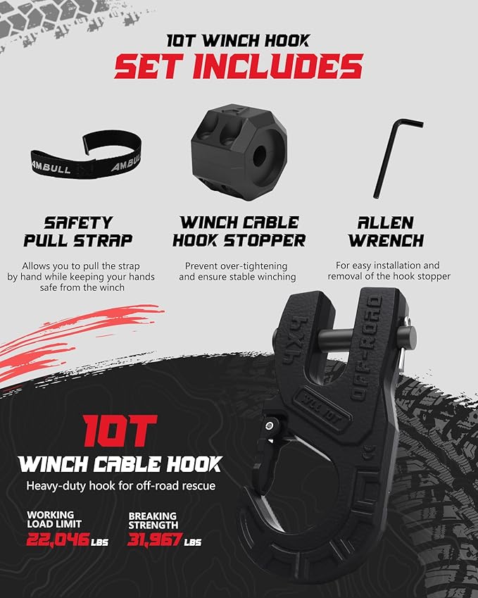 3/8" Tow Winch Hook with Cable Stopper, 10T Winch Hook, Upgrade Heavy Duty Forged Steel Winch Hook, 31967lbs Max Strength, Clevis Clip Hook Set for Synthetic Rope, Off-Road Vehicle, Black