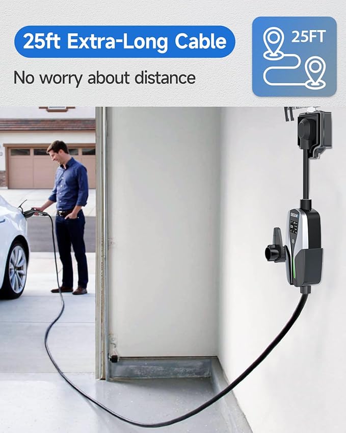 Level 2 EV Charger(32A, 240V, NEMA 14-50 Plug), Portable Electric Car Charger with 25ft Extension Cable, Adjustable Current, Home Outdoor Level 2 Mobile Electric Vehicle Charging Station