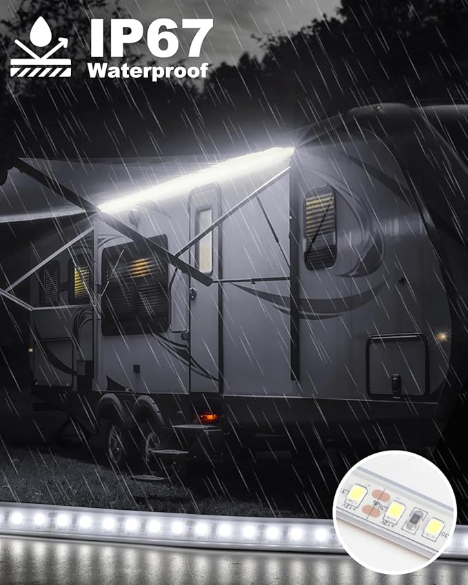 RV Awning Lights 12vdc 20ft White Exterior LED Strip Outdoor Camper Waterproof IP67 Motorhome Travel Trailer Canopy RV Underglow Tape Lights