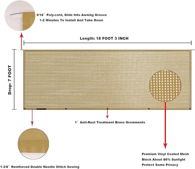 Tentproinc RV Awning Sun Shade Screen 7' X 18' 3'' (Fit for 19' Awning) Mesh Sunshade Sunscren UV Blocker Motorhome Camping Trailer Awning Screenshade - 3 Year Warranty (Beige)
