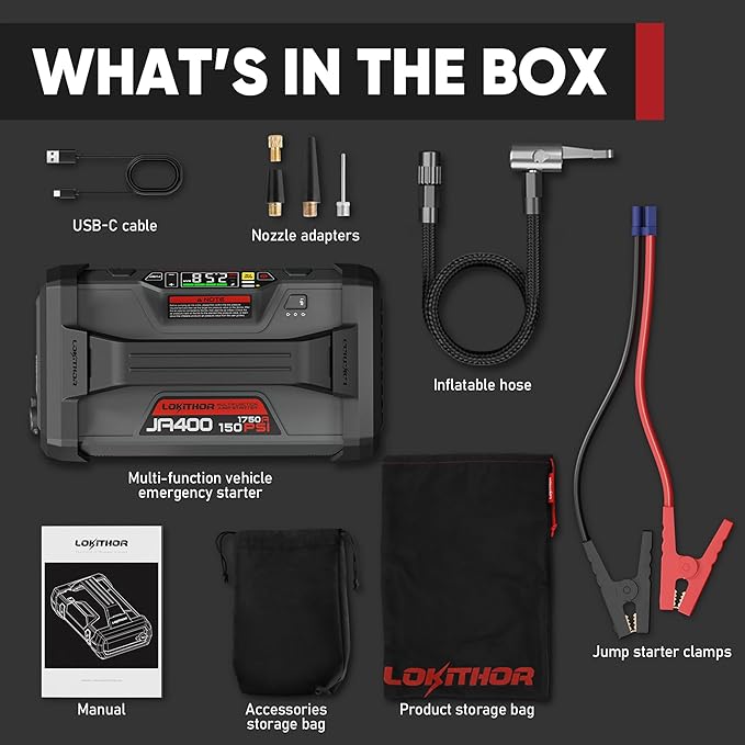 LOKITHOR JA400 1750A 12V Jump Starter with Air Compressor, 60W Two-Way Fast Charing, Lithium Car Battery Starter with 150PSI Digital Tire Inflator, Booster Pack for 7.5L Gas or 5.5L Diesel Engines