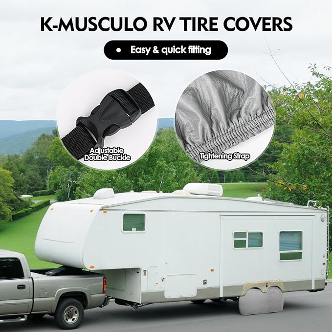 K-Musculo RV Tire Covers, Heavy-Duty Leather Wheel Cover, 2 Pack Fits 30"-32" Dia Tires, Double Buckles, Suitable for Truck, Trailer, Universal for All Seasons (Grey)