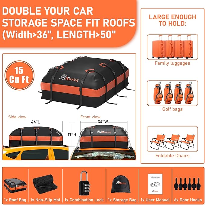 Asinking Car Roof Bag Rooftop top Cargo Carrier Bag 15 Cubic feet Waterproof for All Cars with/Without Rack, Includes Anti-Slip Mat, 10 Reinforced Straps, 6 Door Hooks, Luggage Lock