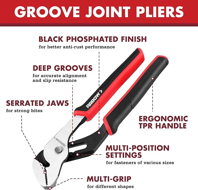 ARROW 2-Piece Groove Joint Pliers, 8" & 10" Adjustable Water Pump Pliers with TPR Handle, High Carbon Steel Tongue and Groove Plier for Plumbing, Automotive and Household Repairs