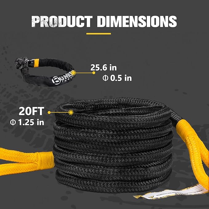 BUNKER INDUST 1.25"×20ft Kinetic Recovery Rope with 2 Soft Shackle Kit, 55000lbs Nylon Tow Rope Heavy Duty Snatch Strap Offroad Recovery Kit for 4x4 Jeep Truck ATV UTV SUV