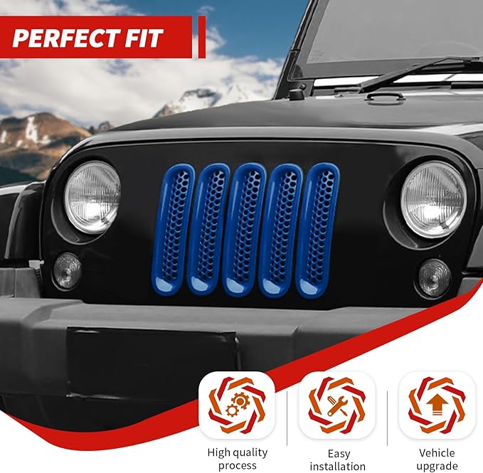 For JK JKU Front Grille Inserts Blue Grill Mesh Clip-on Trim Covers fit for Jeep Wrangler JK & JKU 2007-2017 Exterior Accessories
